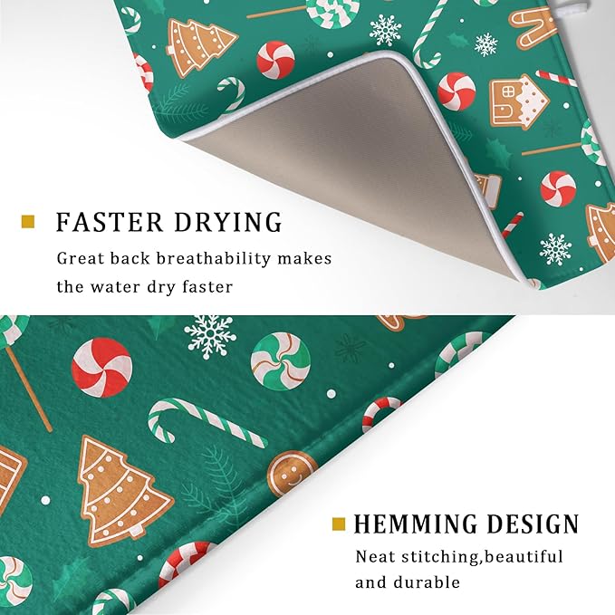 Gingerbread Dish Drying Mat for Kitchen Counter Holiday Green Super Absorbent - Image 3