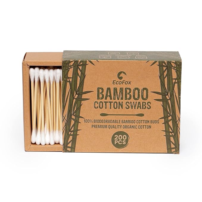 Bamboo Cotton Swabs 200 Count | Eco-Friendly & Pure Cotton Buds | Double Tipped by EcoFox