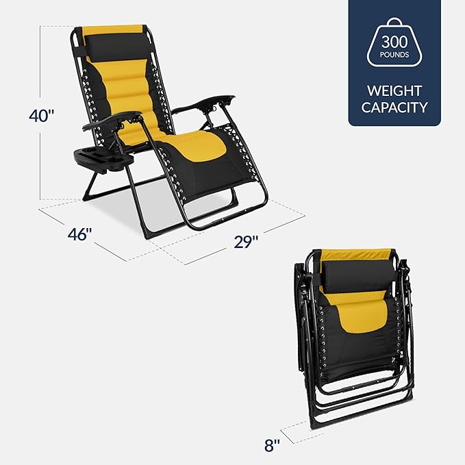 Best Choice Products Oversized Padded Zero Gravity Chair, Folding Outdoor Patio Recliner, XL Anti Gravity Lounger for Backyard w/Headrest, Cup Holder, Side Tray, Polyester Mesh - Black/Yellow - Image 3
