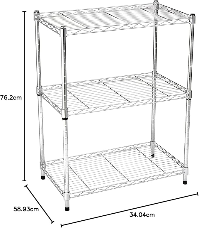 Amazon Basics 3-Shelf Adjustable Heavy Duty Steel Wire Shelving Rack with Chrome Finish, No-Tool Assembly, 250 lbs per Shelf, 23.2" L x 13.4" W x 30" H - Image 3