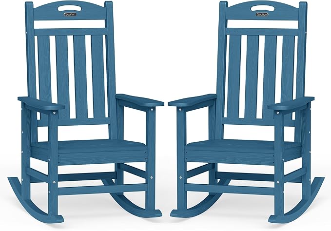 Oversized Outdoor Rocking Chairs Set of 2, High Back Outdoor Rocker Chair, HDPE Rocking Chairs for Patio, 380lbs Weight Capacity, Navy Blue by Suunyn