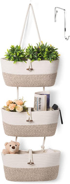 Over the Door Basket Cotton Rope Organizer, 3-Tier Wall Hanging Storage Basket by Oradrem