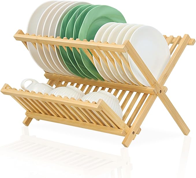 Bamboo Dish Drying Rack, Collapsible 2-Tier Dish Drainer Kitchen Plate Rack by SPOPSOOD