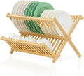 Bamboo Dish Drying Rack, Collapsible 2-Tier Dish Drainer Kitchen Plate Rack by SPOPSOOD