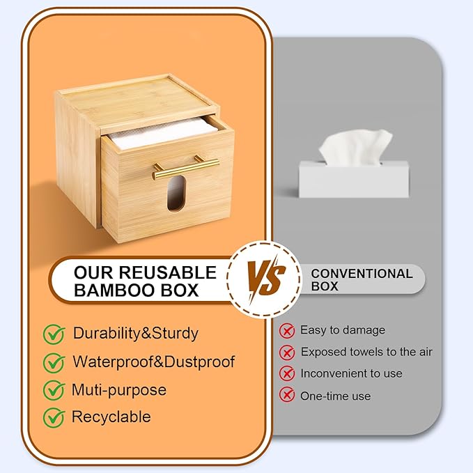 Face Towels Holder with 60 XL Towels, Disposable Towelettes Bamboo Box Cotton - Image 6