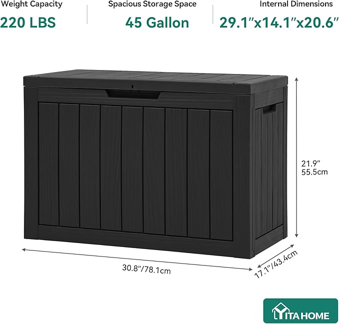 YITAHOME 45 Gallon Deck Box, Outdoor Storage Box for Patio Cushions, Outdoor Tools, Gardening Tools, Sports Equipment, and Throw Pillows, Lockable and Waterproof, Black - Image 7