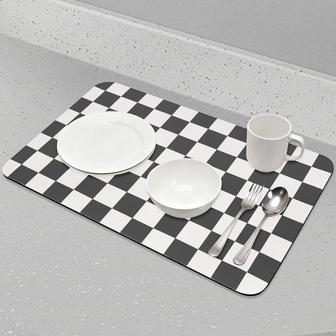 Checkered Dish Drying Mat for Kitchen Counter, Absorbent Non-Slip Coffee Mat - Image 5