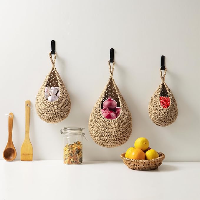 Hanging Fruit Basket Set of 3, Boho Wall Hanging Storage Jute Basket - Image 5
