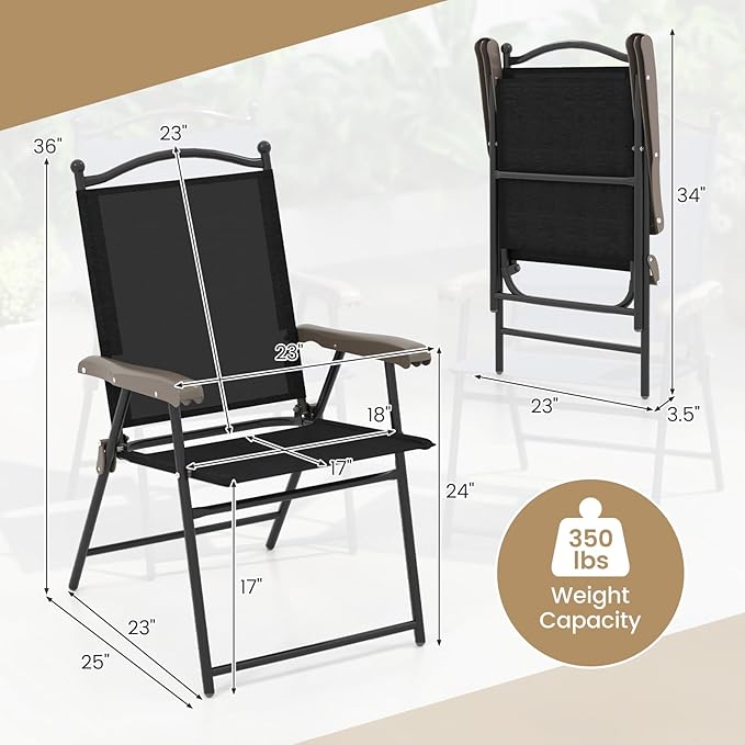 Giantex Set of 2 Patio Folding Chairs, Outdoor Patio Dining Chairs w/Armrest, Sling Back, Metal Frame, Outside Use for Lawn Camping Garden Pool Beach Yard Lounge, No Assembly, Black - Image 3