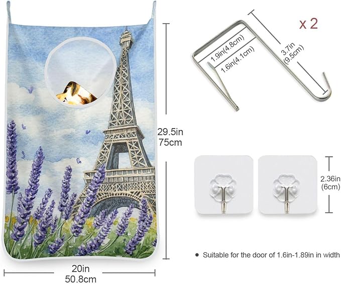 Hanging Laundry Hamper with Stainless Steel Hooks, Oxford Fabric Printing Door - Image 3