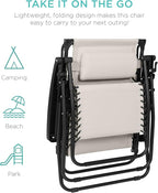 Best Choice Products 30” Wide Folding Zero Gravity Outdoor Recliner Patio Lounge Chair w/Adjustable Canopy Shade, Headrest, Side Accessory Tray - Ivory - Image 9