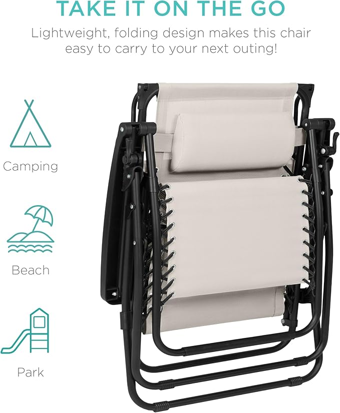 Best Choice Products 30” Wide Folding Zero Gravity Outdoor Recliner Patio Lounge Chair w/Adjustable Canopy Shade, Headrest, Side Accessory Tray - Ivory - Image 9