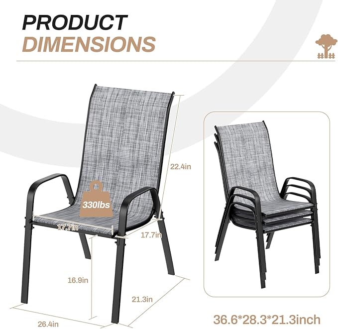 TLSUNNY Patio Chairs, Stackable Textilene Outdoor Dining Furniture for All Weather, with 17.7″ Wide Seat & Metal Frame, for Garden, Backyard, Deck, Restaurant, Poolside (4, Grey, 26.4″) - Image 3