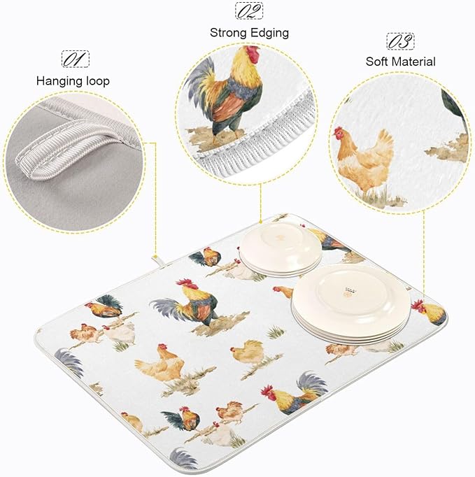 Tarity Watercolor Chickens And Rooster Dish Drying Mat - Image 4