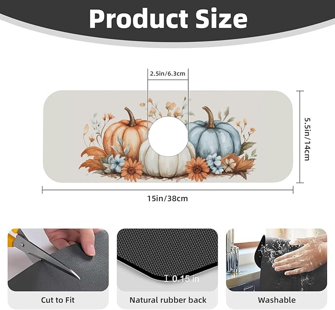 Kitchen Sink Splash Guard Faucet Mat Autumn Pumpkin Floral 15"x5.5", Diatom Mat - Image 2