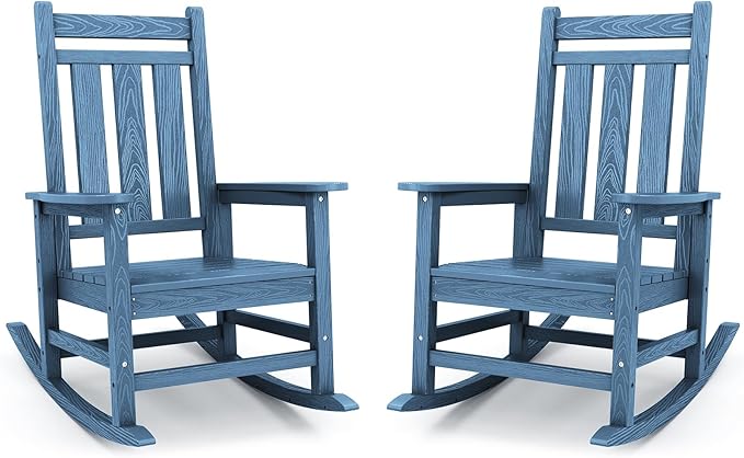 KINGYES Oversized Outdoor Rocking Chair Set of 2, All-Weather Patio Rocking Chairs for Porch, HDPE Outdoor Patio Rockers with High Back & Wide Seat for Garden, Lawn, Blue by KINGYES