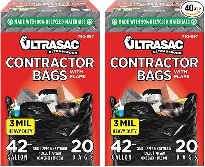 Ultrasac Contractor Bags 42 Gallon, 32.75 x 44.5-3 MIL Thick Large Black Heavy by Ultrasac