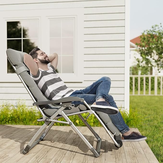 UDPATIO Oversized Zero Gravity Chair 33In XXL Lounge Chair with Removable Cushion |Pillows, Outdoor Folding Reclining with |Cup Holder |Foot Rest |Lock,Reclining Patio Chairs Grey, Support 500LB - Image 2