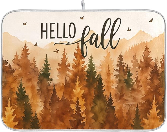 Hello Fall Forest Dish Drying Mat by Wamika
