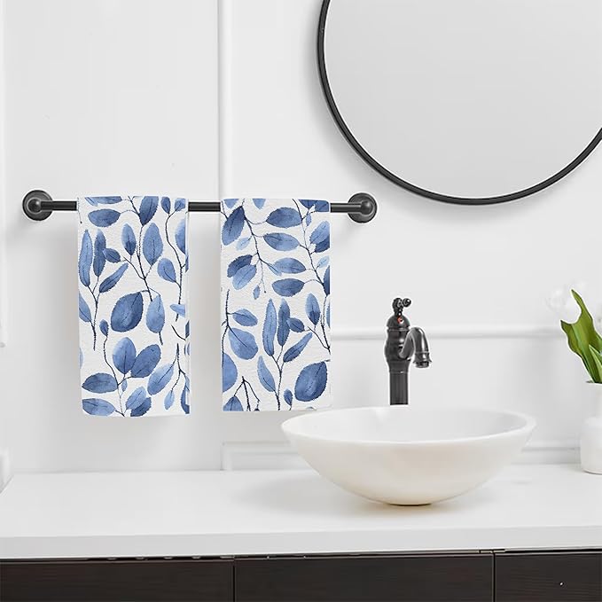 Blue Eucalyptus Leaves Bathroom Hand Towel Set of 2, Watercolor Botanical Plant - Image 6