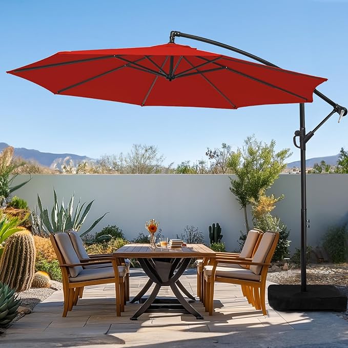 wikiwiki 10ft Patio Umbrella with Base Included, Outdoor Offset Cantilever Umbrella with Sandbag Base for Backyard, Garden and Pool, Easy to Tilt and Crank, Red by WikiwikiPatioUmbrellas