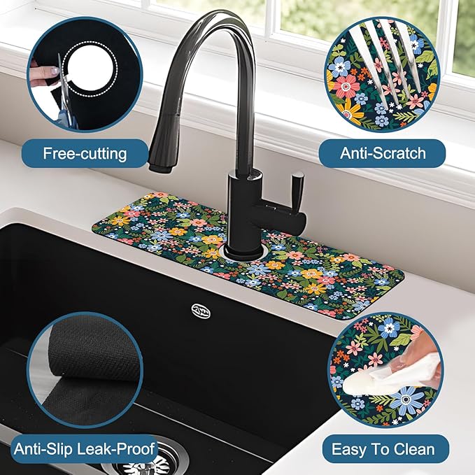 Colorful Flower Sink Splash Guard Faucet Mat Flowers Leaves Super Absorbent - Image 4