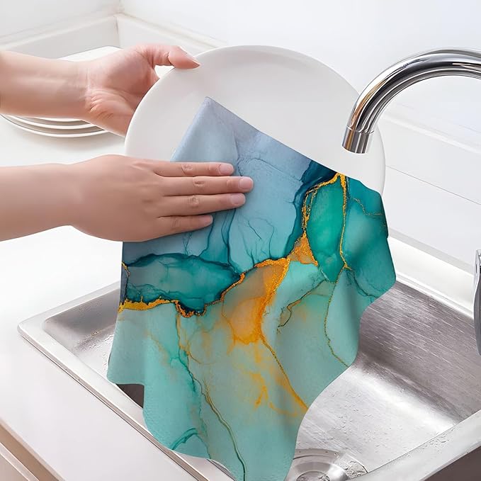 Teal Gold Kitchen Towel Set of 4 Soft Absorbent Marble Texture Turquoise - Image 3