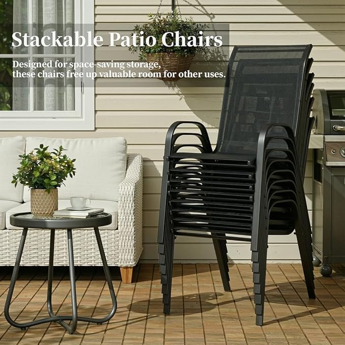 MAMIZO Patio Dining Chairs, Stackable All Weather Teslin Chair, Heavy Duty Outdoor Breathable Chairs Set, w/Armrests, Upgraded Chair FeetW/Strenthened Iron Spacers, 330 LBS (8, Black) - Image 6