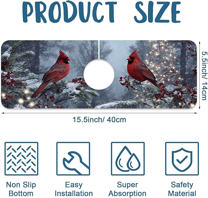 Winter Sink Splash Guard Faucet Mat Cardinal Christmas Super Absorbent Fast - Image 2