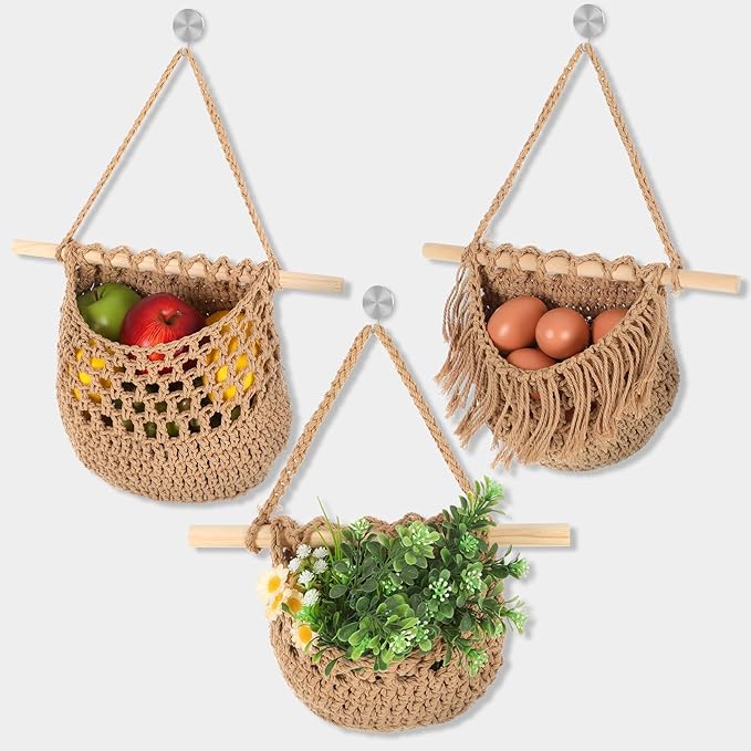 3 Tier Hanging Fruit Basket, Wall Hanging Vegetable Fruit Baskets Cotton Woven - Image 5