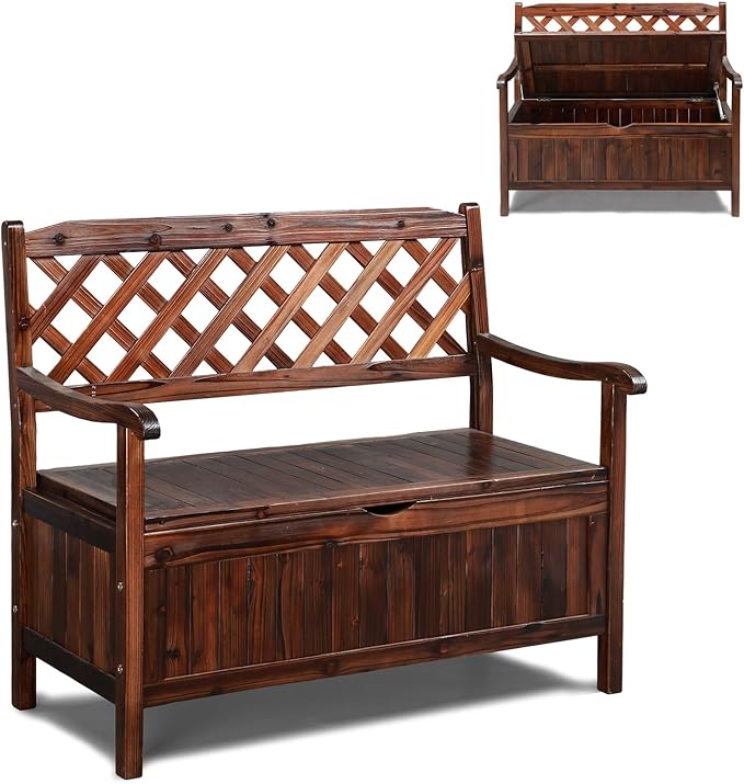 VINGLI Outdoor Storage Bench, Large Wood Deck Box with Seating, Weatherproof Outdoor Bench with Storage Loveseat, 2-Person Wooden Patio Bench for Entryway, Backyard, Garden by VINGLI
