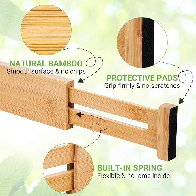 Bamboo Drawer Dividers 4 Pack, 16.4"-21.5" Expandable Drawer Organizer - Image 4