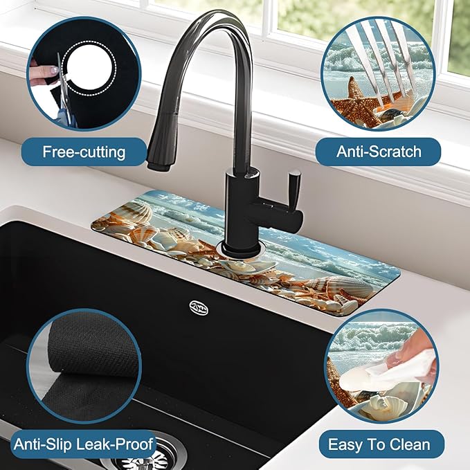 Beach Kitchen Sink Splash Guard Faucet Mat Shells Starfish Waves Super - Image 4