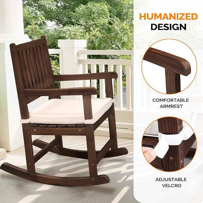 VINGLI Outdoor Rocking Chair, Weatherproof Rocker with Cushion, Wooden Rocking Bench Support 450 LBS for Patio, Yard, Garden, Outdoor or Indoors, Rustic - Image 4