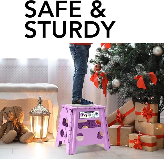 Delxo 13 inch Folding Step Stool, Non-Slip Foldable Stools Up to 300 LBS, Step Stool with Handle, Lightweight for Kitchen, Bathroom, Bedroom, Garden, Light Purple, 1PC - Image 3