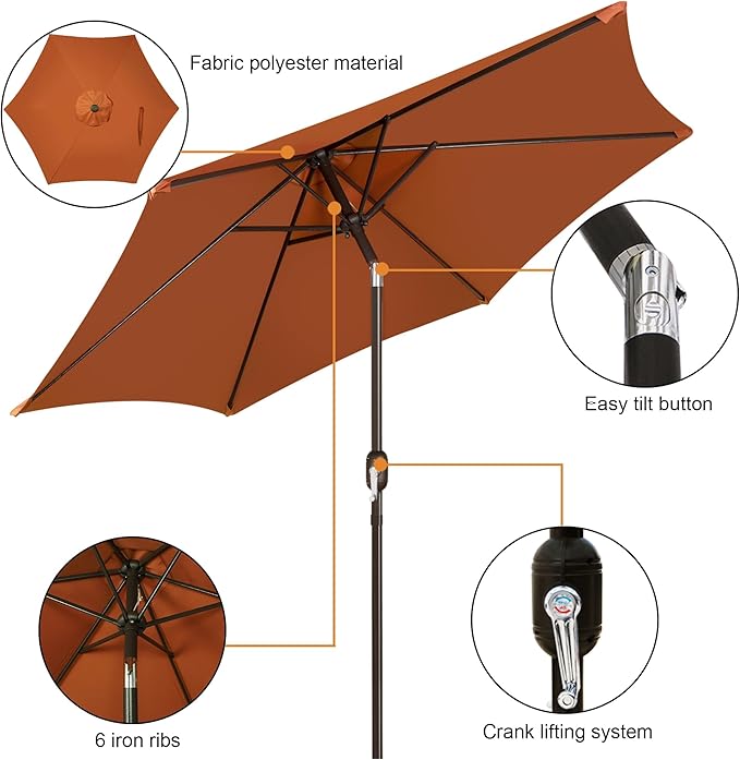 Blissun 7.5 ft Patio Umbrella, Yard Umbrella, Outdoor Market Umbrella with Push Button Tilt Crank, Rust - Image 2
