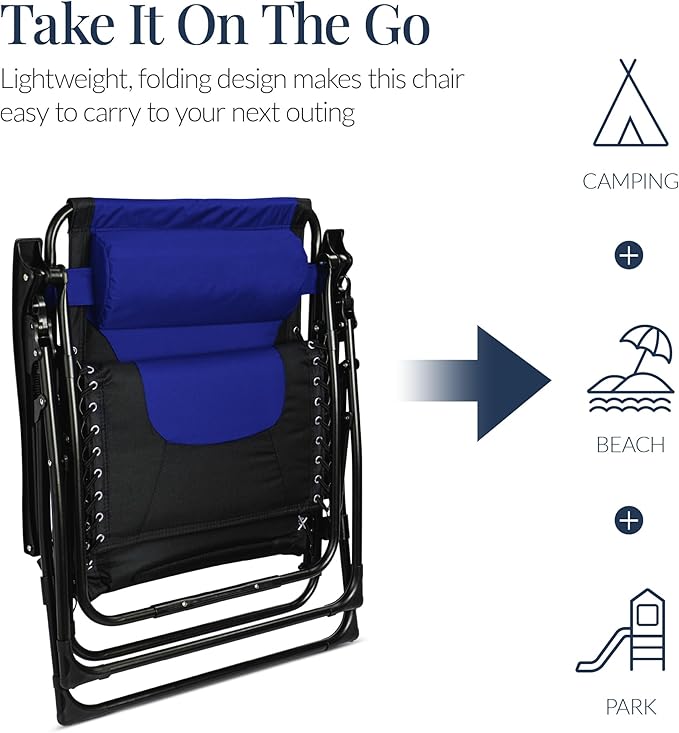 Best Choice Products Oversized Padded Zero Gravity Chair, Folding Outdoor Patio Recliner, XL Anti Gravity Lounger for Backyard w/Headrest, Cup Holder, Side Tray, Polyester Mesh - Blue - Image 7