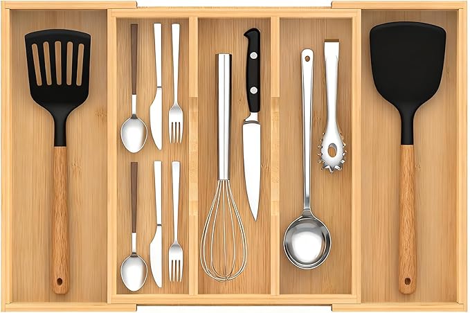 Bamboo Expandable Kitchen Drawer Organizer, 3-5 Slots Drawer Organizer by BAMBITION