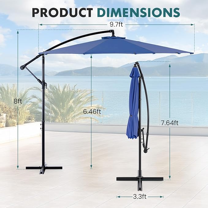 OLIXIS Offset Patio Umbrella, 9.7FT Cantilever Table Umbrellas for Outdoor Sun Shade UV Protection with Easy Tilt Adjustment, 8 Ribs for Backyard, Lawn, Garden, Pool - Blue - Image 5
