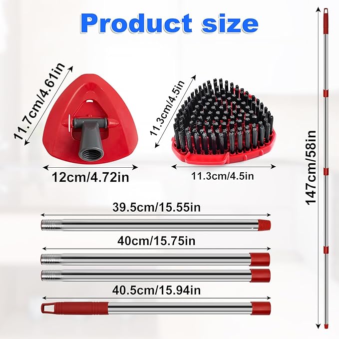 4-Section Stainless Steel Spin Mop Handles, Mop Base & Upgrade Scrub Brush Combo - Image 3