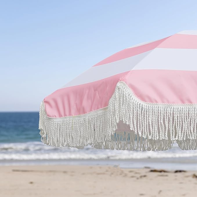 AMMSUN 7ft Patio Umbrella with Fringe Outdoor Tassel Umbrella UPF50+ Premium Steel Pole and Ribs Push Button Tilt, Riviera Pink Stripe - Image 5
