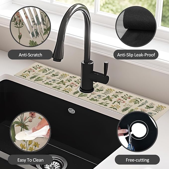 2PCS 24" X 5.5" Kitchen Sink Splash Guard Faucet Mat Floral Super Absorbent - Image 6