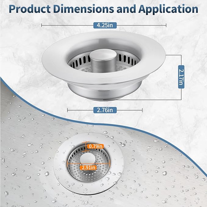 Sink Drain Strainer, Stainless Steel 3-in-1 Pop-up Sink Stopper - Image 2