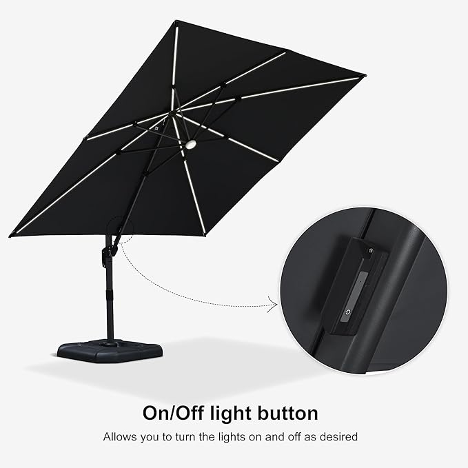 PURPLE LEAF 10 Feet Patio Umbrella with Base Outdoor Cantilever Solar Powered LED Square Umbrella Aluminum Offset Umbrella with 360-degree Rotation for Garden Deck Pool Patio, Grey - Image 7