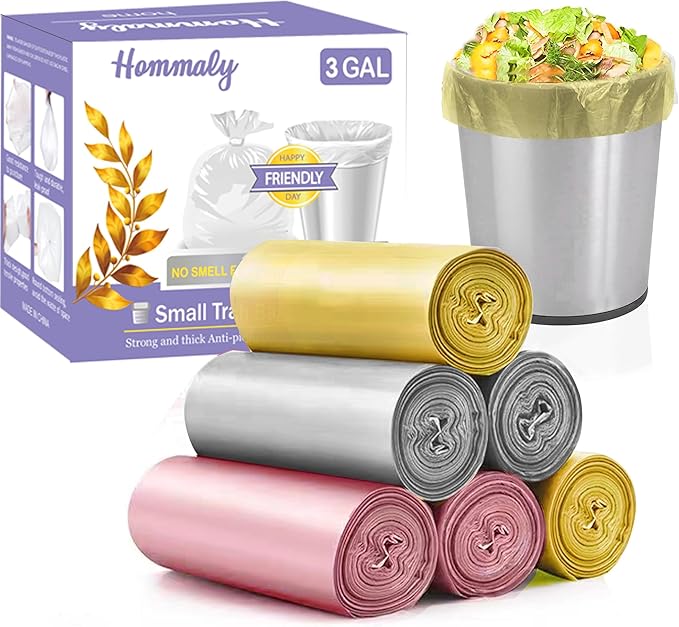 3 Gallon 180pcs Small Multi Trash Bags Strong Pink Grey Gold Garbage Bags by HOMMALY