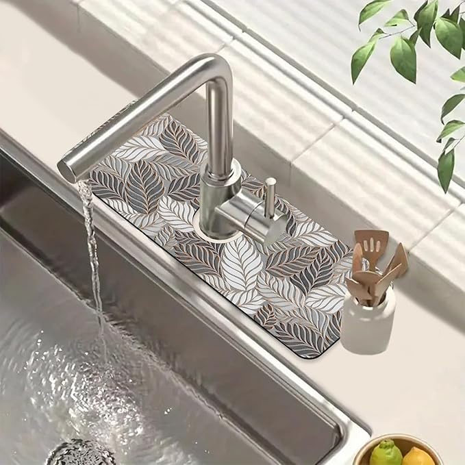 Embossed Leaf Texture Sink Splash Guard Grey Leaf Faucet Absorbing Mat Fast by Unknown