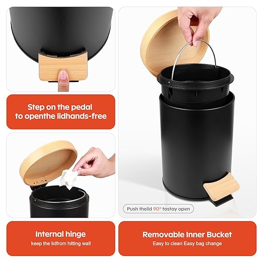 Small Bathroom Trash Can with Natural Bamboo Lid Soft Close，3 Liter / 0.8 - Image 6