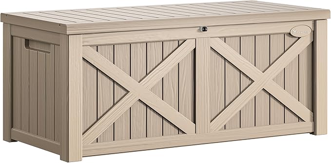 YITAHOME 150 Gallon Large Deck Box with X-Shaped Front, Resin Outdoor Storage Boxes, Waterproof Cushion Storage Bench for Patio, Pool Supplies, Garden Tools - Lockable, Taupe by YITAHOME