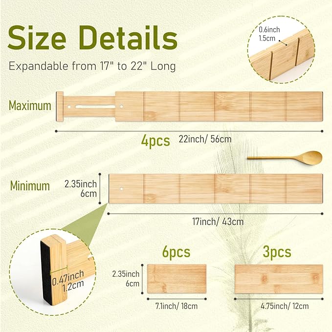 Whitmor Adjustable Bamboo Drawer Dividers, Expandable 17"-22" Drawer Organizer - Image 2