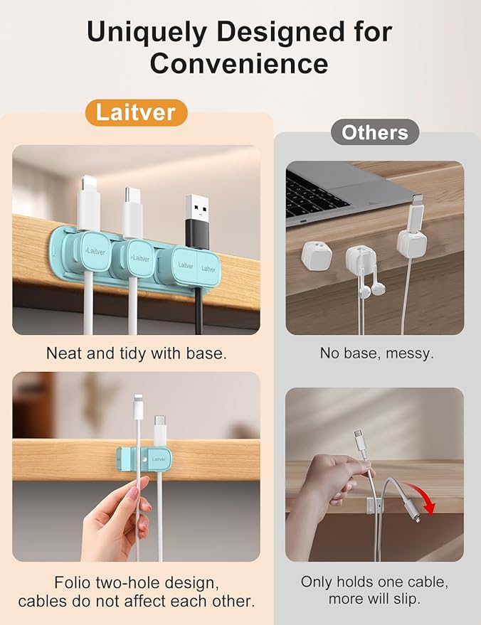 6 Pack Magnetic Cable Clips, Laitver Cord Organizer Holder Strong Adhesive Desk - Image 3